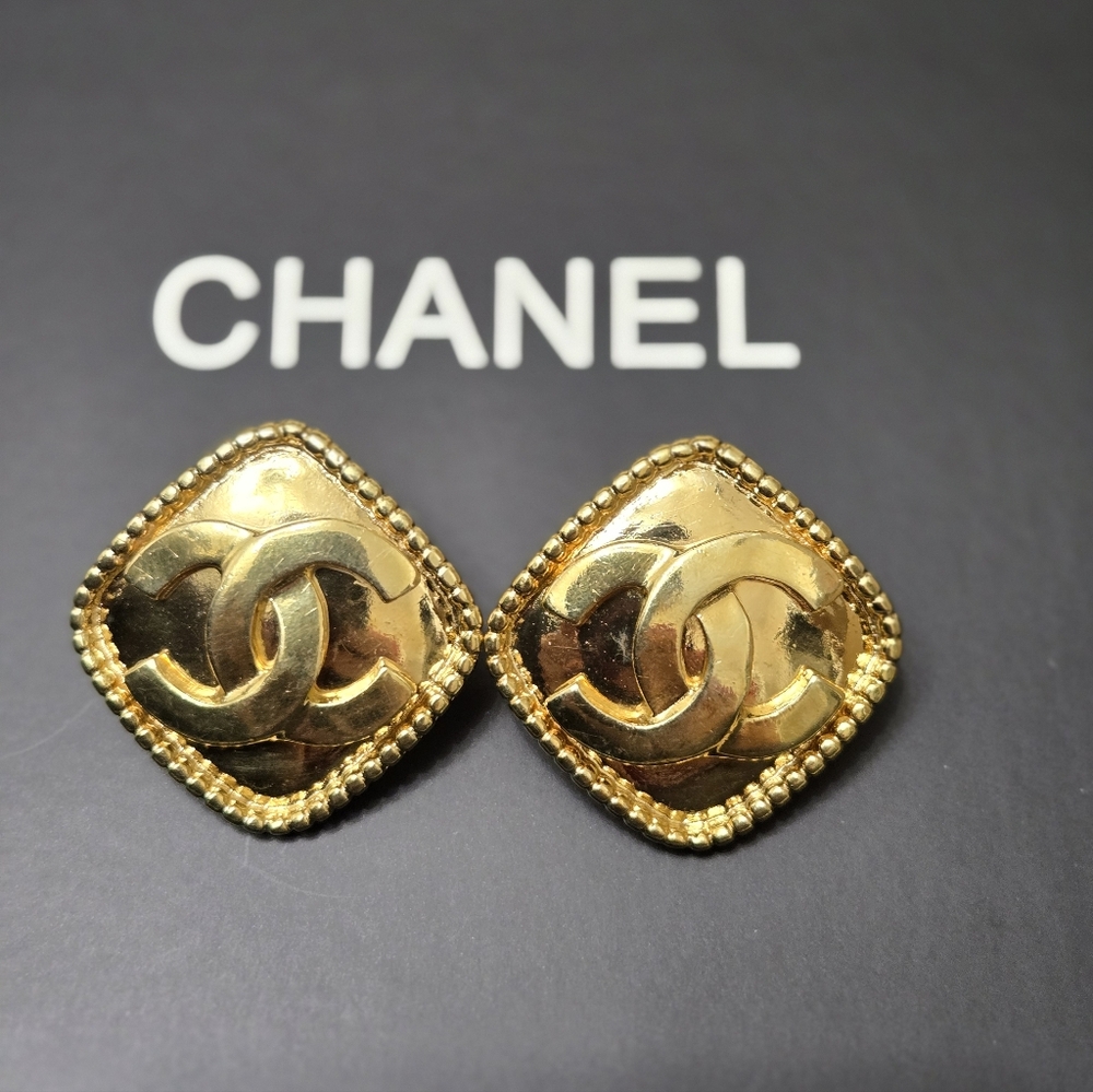 Chanel Coco Mark Diamond Drop Vintage Earrings Clip On
